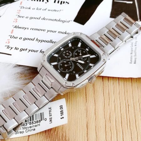 Montre Homme FOSSIL Élégante Chronographe Multifonction, Affichage Date Jour 24H, Bracelet Métal Argenté en Acier Inoxydable, Cadran Noir, Design Carré Octogonal pour un Style Raffiné et Durable