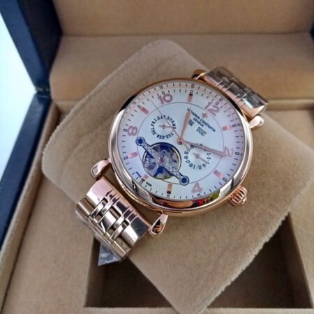 Montre HommeVacheron Constantin Genève Automatique de Luxe, Garde-temps Élégant avec Tourbillon Apparent, Affichage Jour et Date, Bracelet Acier Inoxydable Or Rose, Style Classique et Sophistiqué
