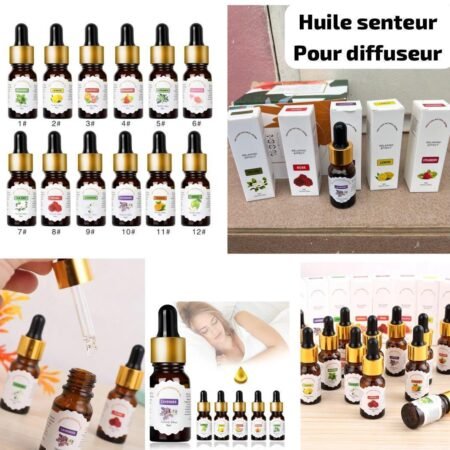 Lot d'Huiles Essentielles Pures pour Diffuseur d'Arômes, Kit de 12 Senteurs Naturelles pour Aromathérapie, Relaxation et Bien-être, Flacons Compte-Gouttes 10ml (Lavande, Citron, Rose, Menthe, Arbre à Thé, Orange, Pomme, Jasmin, Pamplemousse, Fraise, Bergamote)