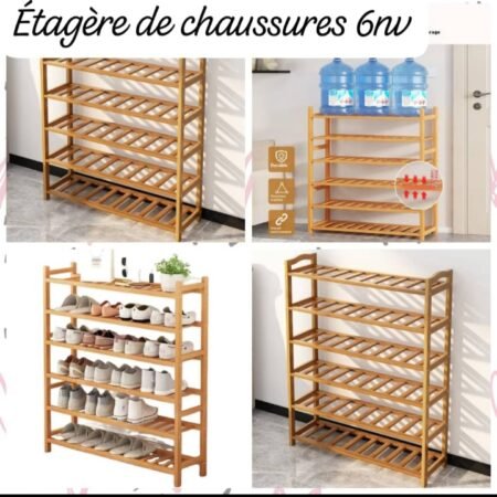 Étagère à Chaussures en Bambou Robuste 6 Niveaux, Organisateur Vertical Gain de Place, Meuble de Rangement pour Entrée et Couloir, Porte-Chaussures Durable et Modulable pour Toute la Famille