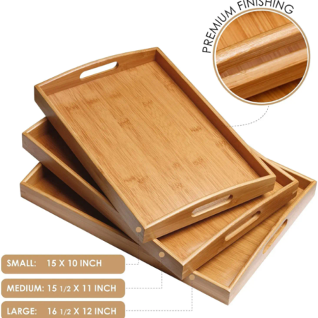 Set de 3 Plateaux de Service en Bambou Naturel, Rectangulaires avec Poignées, Idéal pour Petit-Déjeuner au Lit, Repas, Boissons, Apéritifs, Dîner, Décoration et Rangement, Résistant et Facile à Nettoyer