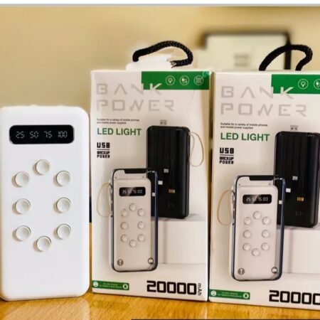Power Bank Portable 20000 mAh avec Lampe LED Intégrée, Chargeur Externe Rapide Universel, Batterie de Secours pour Smartphones et Tablettes, Indicateur Digital, Design Élégant et Compact