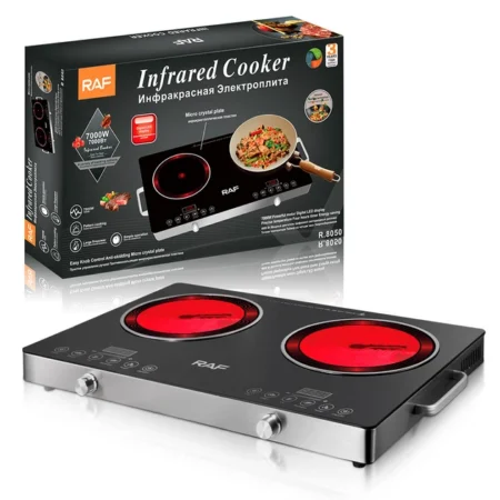 Plaque Chauffante Infrarouge Double Feux RAF R-8050, Table de Cuisson Portable 7000W, Cuisson Rapide et Économe, Sécurité Anti-Dérapante et Contrôle Précis, Noir