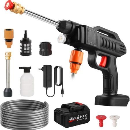 Nettoyeur Haute Pression Portable Sans Fil 48V à 2 batteries, Pistolet de Lavage Rechargeable pour Voiture, Jardin et Maison, Hydro-Nettoyeur Polyvalent avec Mousseur et Buses Multiples, Puissant et Économique