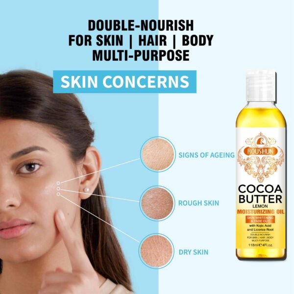 Huile Hydratante Éclaircissante ROUSHUN au Beurre de Cacao et Citron, Anti-Taches et Unifiante, Soin Multi-Usages pour Peau, Cheveux et Corps, Formule Riche en Acide Kojique et Racine de Réglisse, Nourrissante et Réparatrice, 118ml