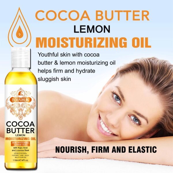Huile Hydratante Éclaircissante ROUSHUN au Beurre de Cacao et Citron, Anti-Taches et Unifiante, Soin Multi-Usages pour Peau, Cheveux et Corps, Formule Riche en Acide Kojique et Racine de Réglisse, Nourrissante et Réparatrice, 118ml