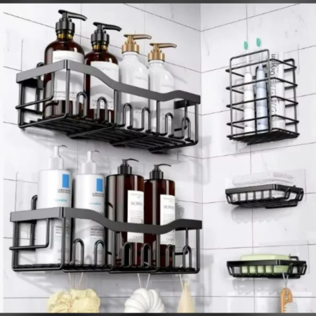 Organisateur de Douche Mural Adhésif Sans Perçage, Étagère de Rangement pour Salle de Bain, Panier Porte-Shampooing et Savon Anti-Rouille, Design Moderne Noir Mat pour Produits de Bain