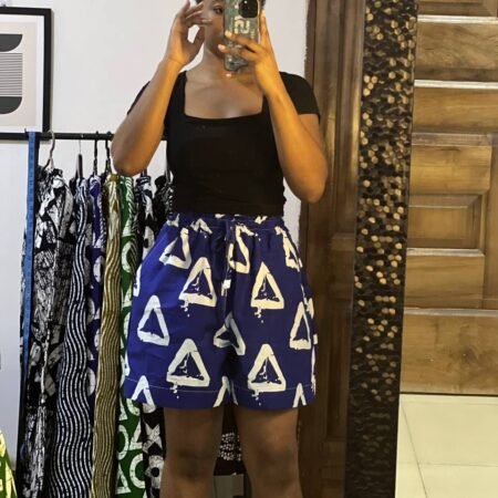 Short Femme Décontracté en Tissu Léger, Bermuda d'Été Respirant à Motif Géométrique Bleu et Blanc, Taille Élastique avec Cordon de Serrage, Confort Optimal pour Climat Tropical