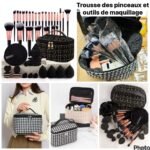 Trousse Complète de Pinceaux et Éponges de Maquillage Professionnels, Kit d’Application Cosmétique pour un Teint Parfait, Rangement Organisé avec Vanity Chic Motif Pied-de-Poule, Idéal pour Visage et Yeux