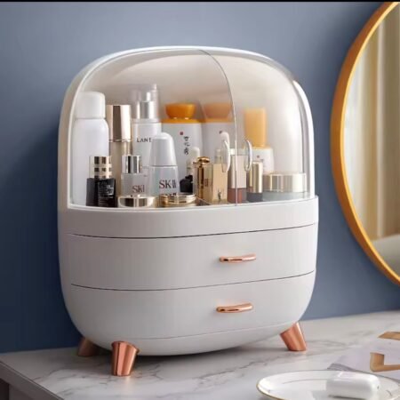 Organisateur de Maquillage et Soins avec Couvercle Anti-Poussière, Boîte de Rangement Cosmétique Étanche avec Tiroirs, Coffret Beauté Élégant pour Coiffeuse et Salle de Bain