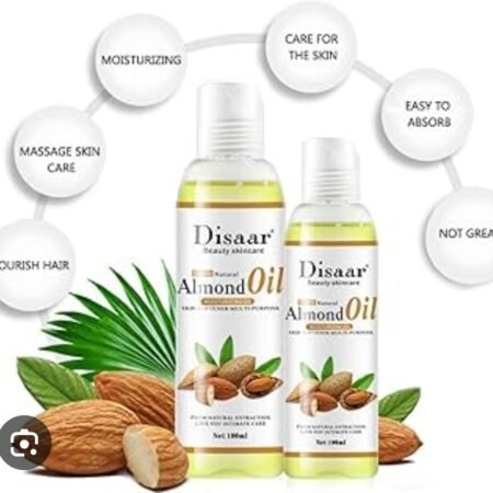 Huile d'Amande Douce Naturelle Disaar 100ml, Hydratante et Nourrissante pour Peau et Cheveux, Soin Corporel et Capillaire, Massage Apaisant, Absorption Rapide et Non Grasse
