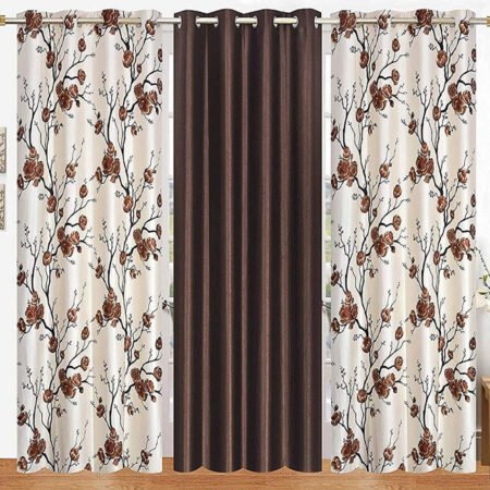 Lot de 3 Rideaux Modernes à Œillets, Panneaux Décoratifs Tamisants pour Fenêtre, Design Floral Beige et Uni Marron, Tenture Élégante pour Salon et Chambre, Facile à Installer