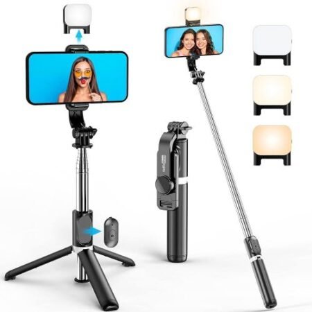 Perche à Selfie Trépied Téléphone avec Lumière LED et Télécommande Bluetooth, Support Stabilisateur Extensible 360° pour Vlog, Streaming, Photos et Vidéos, Compatible Smartphones Universels, Portable et Compact