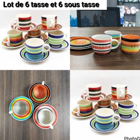 Service de Tasses à Café et Sous-Tasses en Céramique Multicolore, Ensemble de 6 Pièces Rayées pour Boissons Chaudes, Vaisselle de Table Élégante et Résistante pour Petit-Déjeuner et Réception