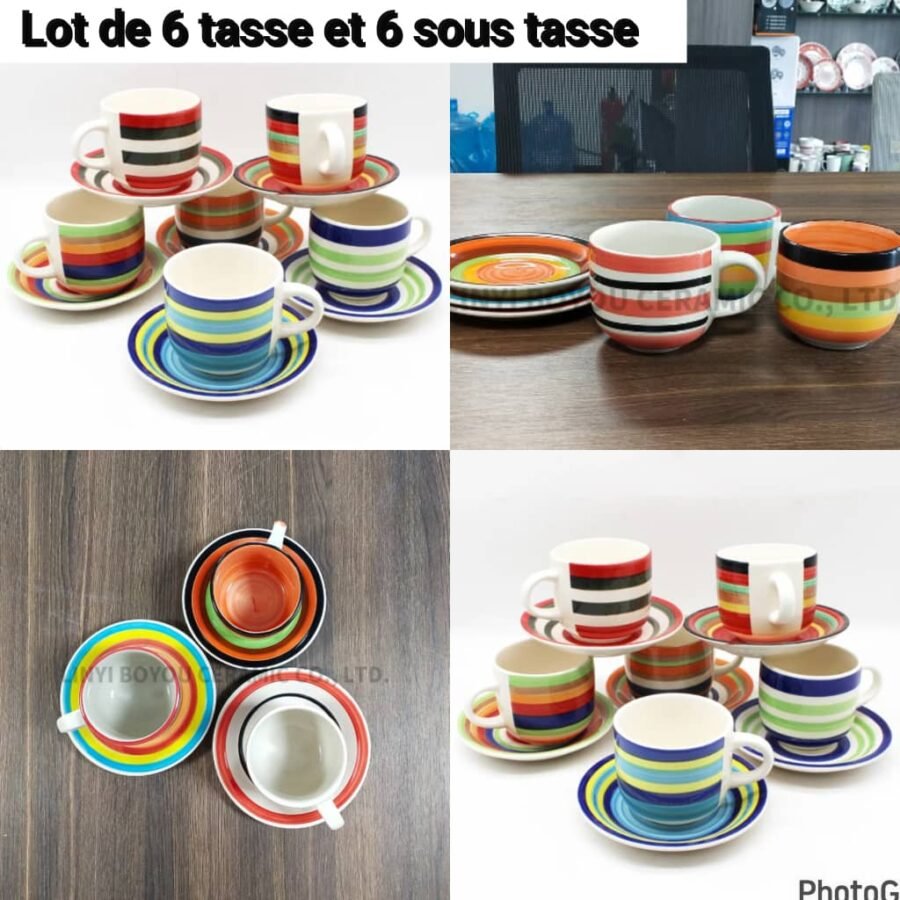 Service de Tasses à Café et Sous-Tasses en Céramique Multicolore, Ensemble de 6 Pièces Rayées pour Boissons Chaudes, Vaisselle de Table Élégante et Résistante pour Petit-Déjeuner et Réception
