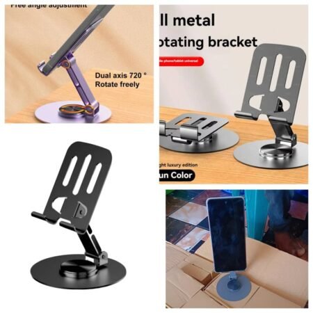 Support Téléphone Tablette Rotatif Universel en Métal, Socle de Bureau Réglable 720° Double Axe pour Smartphone et Tablette, Pliable et Stable, Idéal pour Visionnage Mains-Libres et Travail