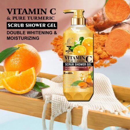 Gel Douche Exfoliant Hydratant à la Vitamine C et Curcuma Pur, Soin Lavant Corporel Double Action pour une Peau Lumineuse et Douce, Anti-Taches et Unifiant le Teint, Grand Format 1000ml