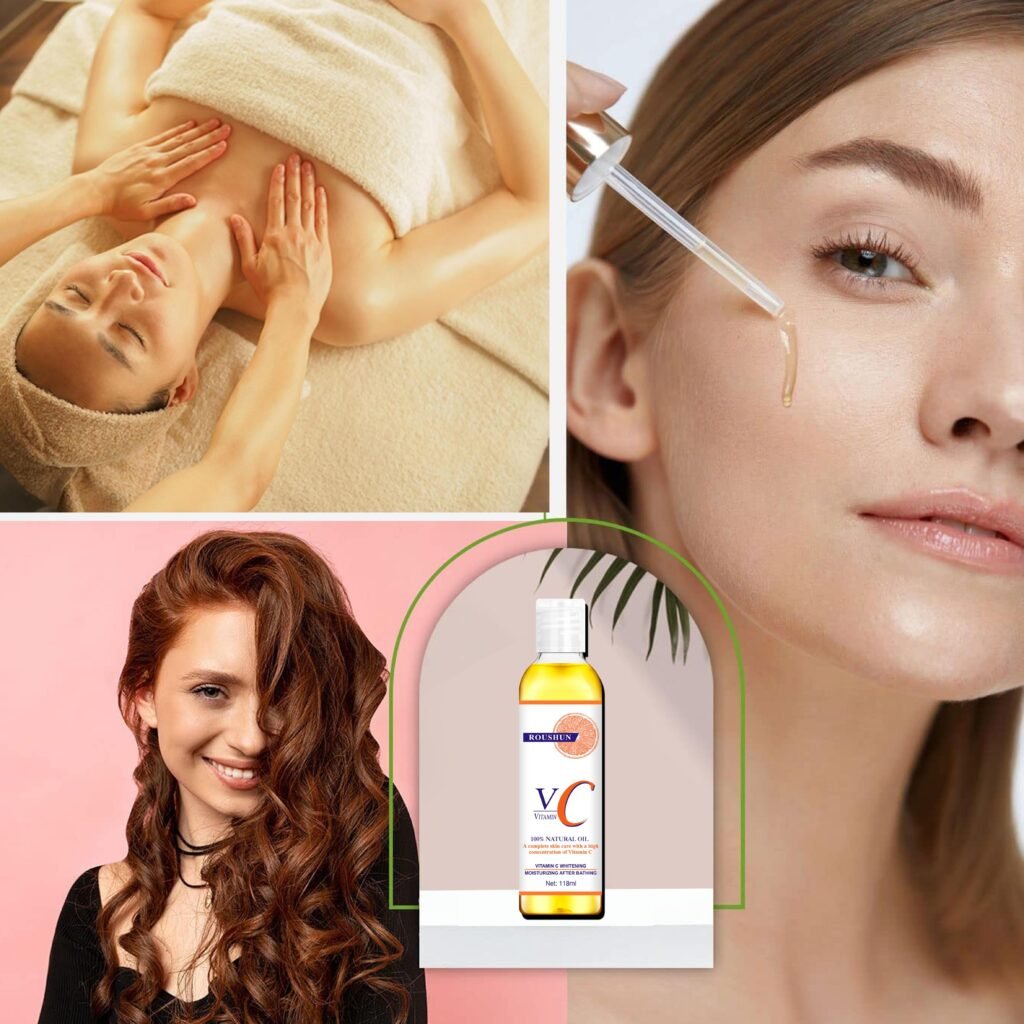 Huile Naturelle ROUSHUN Vitamine C Éclaircissante & Hydratante, Sérum Anti-Taches pour Corps et Visage, Soin Complet Post-Bain pour Peau Lumineuse et Unifiée, 118ml