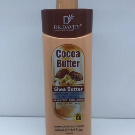 Lotion Corporelle Visage Mains DR.DAVEY au Beurre de Cacao et Karité, Hydratante Éclaircissante Anti-Rides avec Protection Solaire SPF 60, Soin Dermatologique Universel 500ml