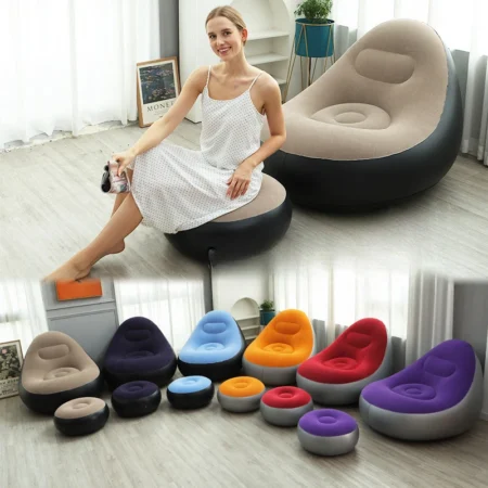 Fauteuil Gonflable de Relaxation et Pouf Repose-Pieds Confortable, Siège d'Appoint Portable en Velours Floqué pour Salon, Chambre ou Extérieur, Design Ergonomique et Facile à Ranger