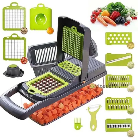 Ncer Coupe-Légumes Multifonction 12 en 1 avec Bac de Récupération, Hachoir Manuel et Mandoline pour Découper, Trancher, Râper, Émincer Fruits et Légumes Rapidement et en Toute Sécurité, Lames Interchangeables en Acier Inoxydable