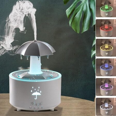 Humidificateur Diffuseur d'Arômes Design Parapluie, Purificateur d'Air Anti-Sécheresse avec Effet Pluie et Lumières LED Multicolores, Brumeur Silencieux pour Ambiance Relaxante et Bien-être