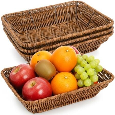 Lot de 2 Paniers de Rangement Tressés Rectangulaires, Corbeilles à Fruits et Pain en Imitation Rotin, Organisateur de Table Durable et Lavable pour Cuisine et Salon
