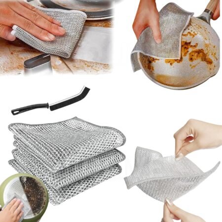 Chiffon de Nettoyage en Maille Métallique Anti-Rayures pour Cuisine, Éponge Récurante Durable avec Brosse, Lot de 3 Argenté