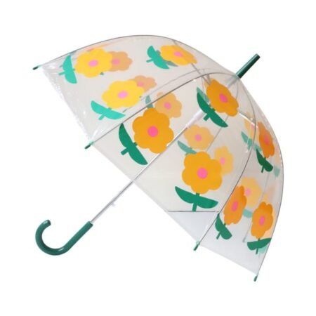 Parapluie Transparent Imprimé Fleurs Jaunes, Protection Pluie Élégante, Poignée Courbe Verte pour Adultes et Enfants
