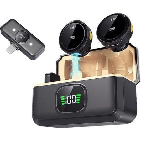Microphone Sans Fil Double Rechargeable modèle Lavalier pour Smartphone Android Type-C, Idéal Vlogging et Interview, Noir/Or