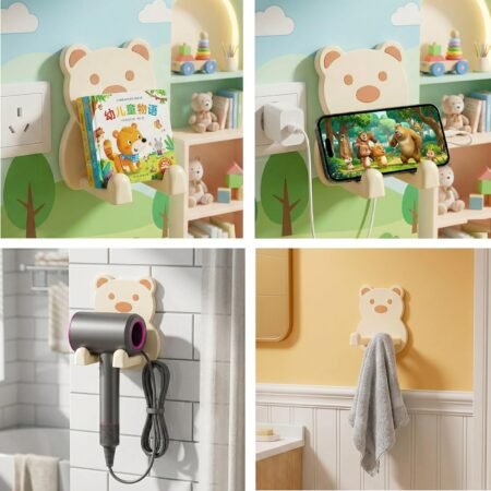 Support Mural Multifonction Ours Adhésif pour Téléphone, Livre, Sèche-Cheveux et Serviette Enfant Beige