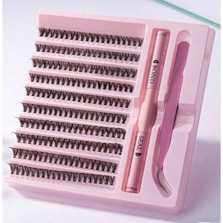 Kit Faux Cils Individuels Réutilisables avec Colle Bond & Seal et Pince pour Maquillage des Yeux Rose