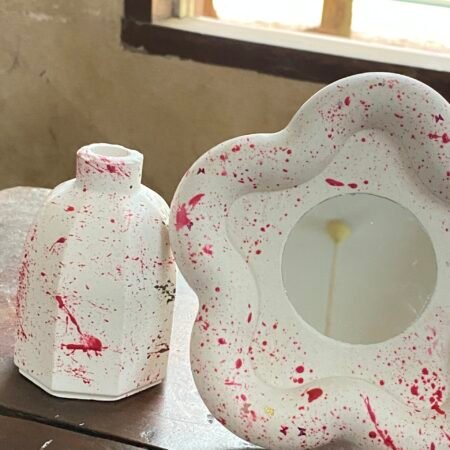 Ensemble Décoratif Vase Géométrique et Miroir Floral, Design Éclaboussures Blanc et Rouge pour Maison
