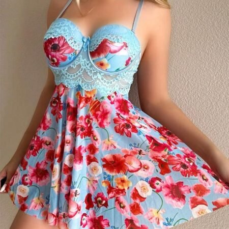 Babydoll Nuisette Femme Élégante à Motifs Floraux et Dentelle Bleu Ciel pour Douces Nuits