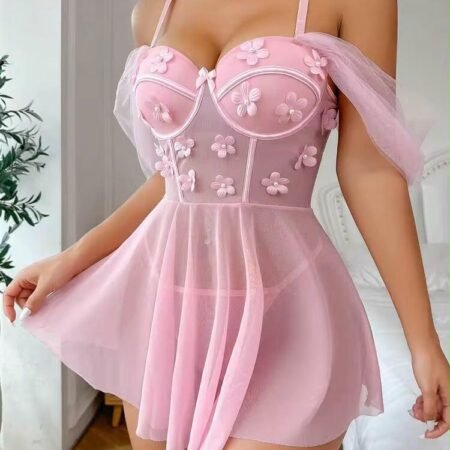 Nuisette Babydoll Rose en Tulle Transparent avec Bretelles Fines et Fleurs 3D pour Femme